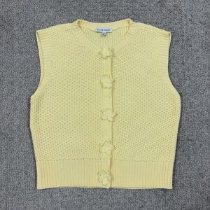 Ellen Tracy Sweater Vest Womens Large Yellow Knit Flower Button Cardigan Cottage
